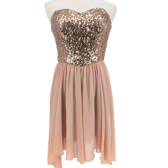 VTG Y2K Rose Gold Sequin Strapless Fairy Coquette Glam Sheer Blush Mini Dress XS - Picture 1 of 9